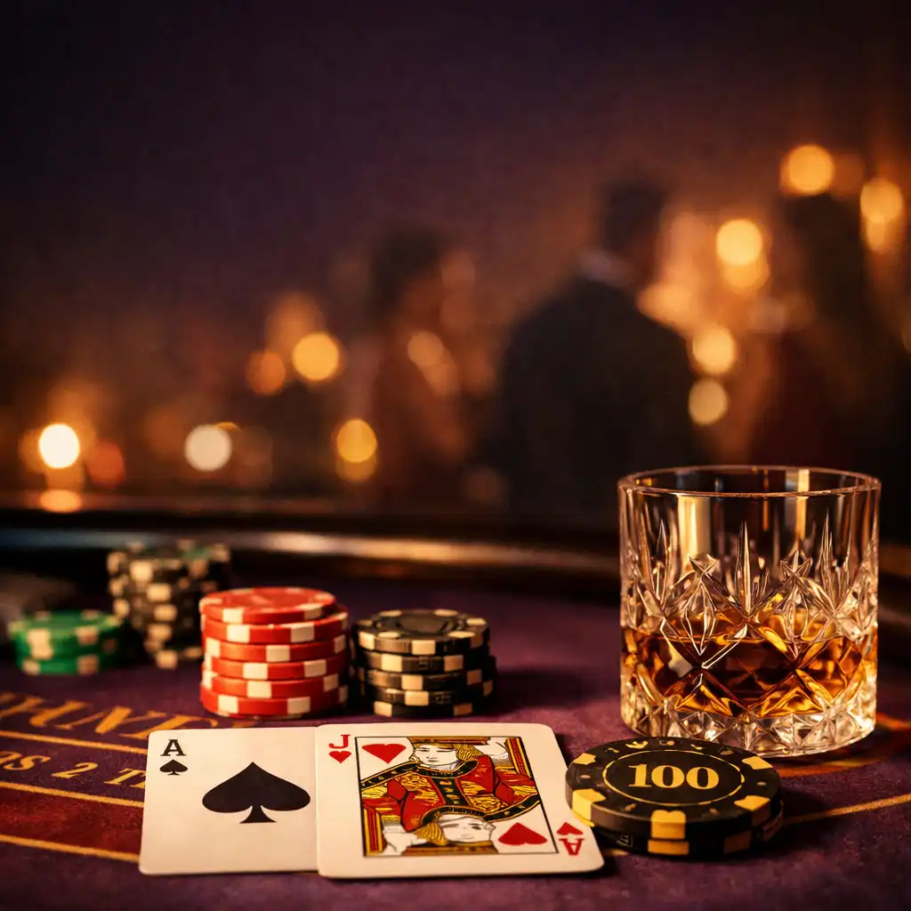 Zbliżenie na elegancko nakryty stół do blackjacka z kartami i żetonami