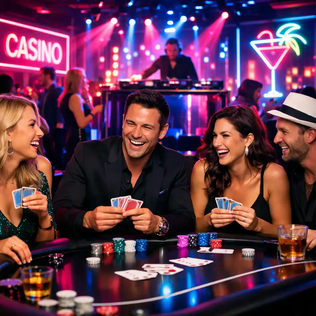 Dynamiczna scena imprezy w stylu Las Vegas z neonami, konfetti i gośćmi przy stołach do gry