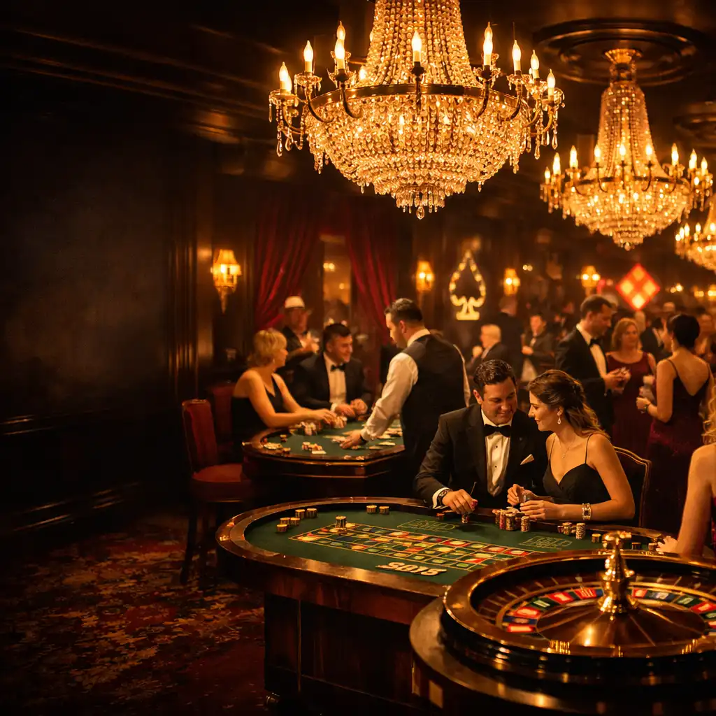 Elegancka sala bankietowa z motywem kasyna, stoły do ruletki i blackjacka, kryształowe żyrandole oraz goście w wieczorowych strojach