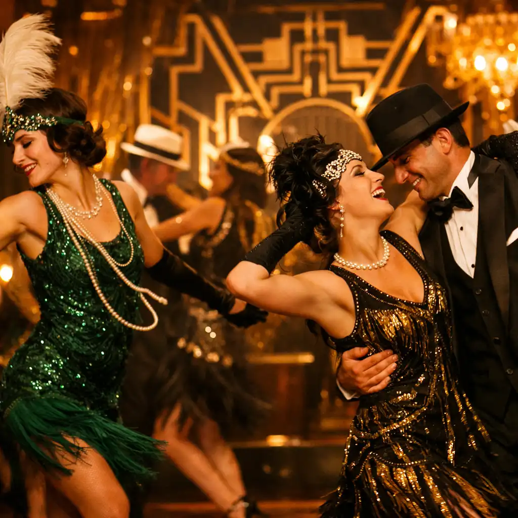 Scena z wieczoru tematycznego w stylu lat 20. z tancerzami i dekoracjami art deco