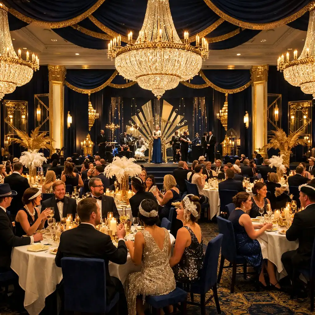 Szerokie ujęcie sali bankietowej podczas firmowego wieczoru w stylu Wielkiego Gatsby'ego