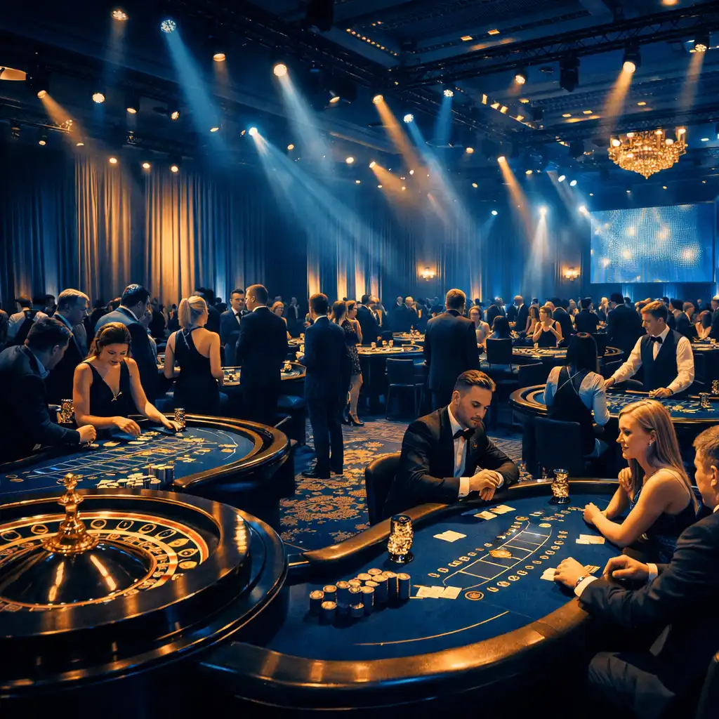 Szeroki kadr sali konferencyjnej ze strefą casino we Wrocławiu